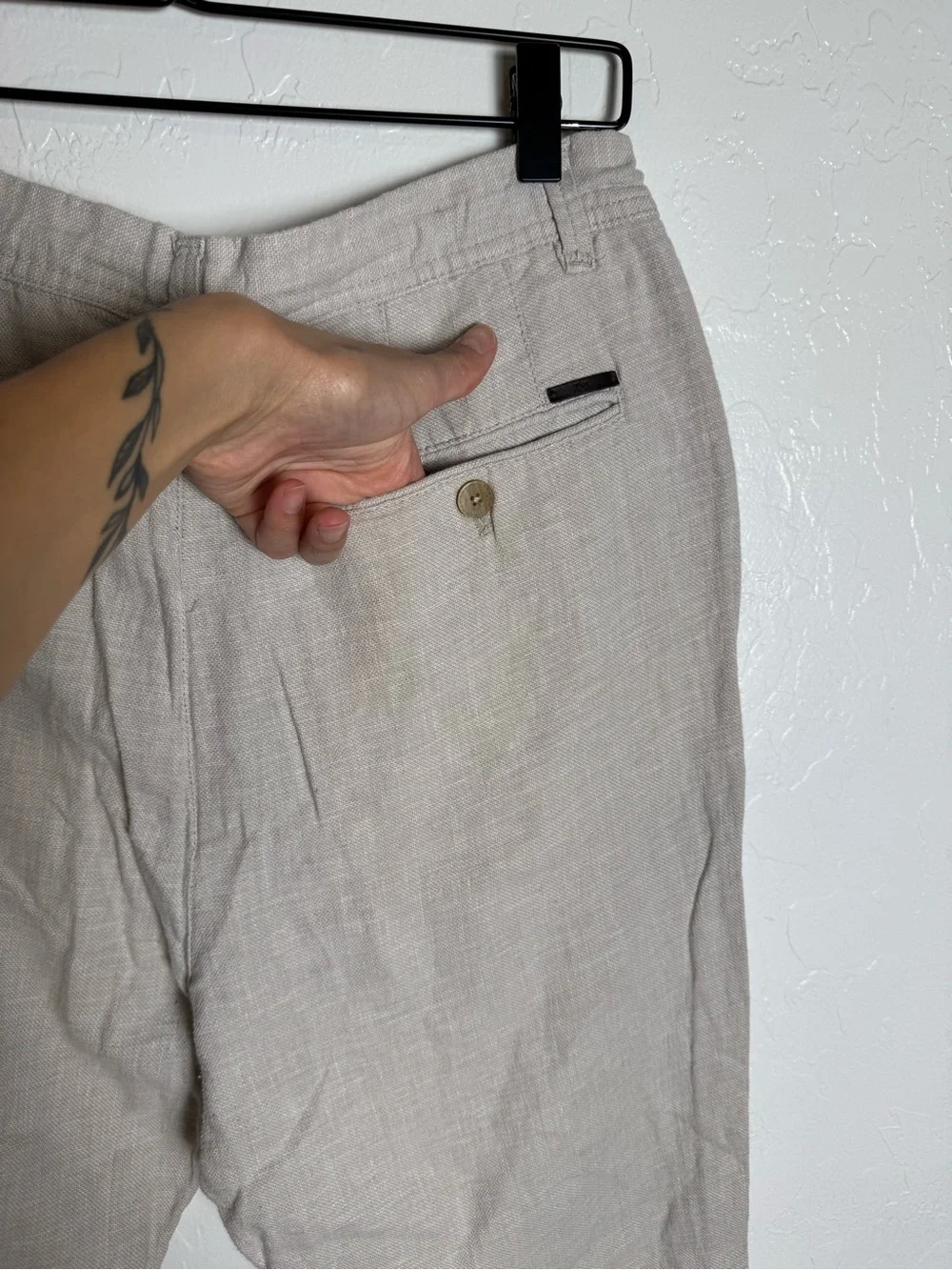Zara Men’s Beige Linen Blend Tapered Straight Slim Drawstring Trousers